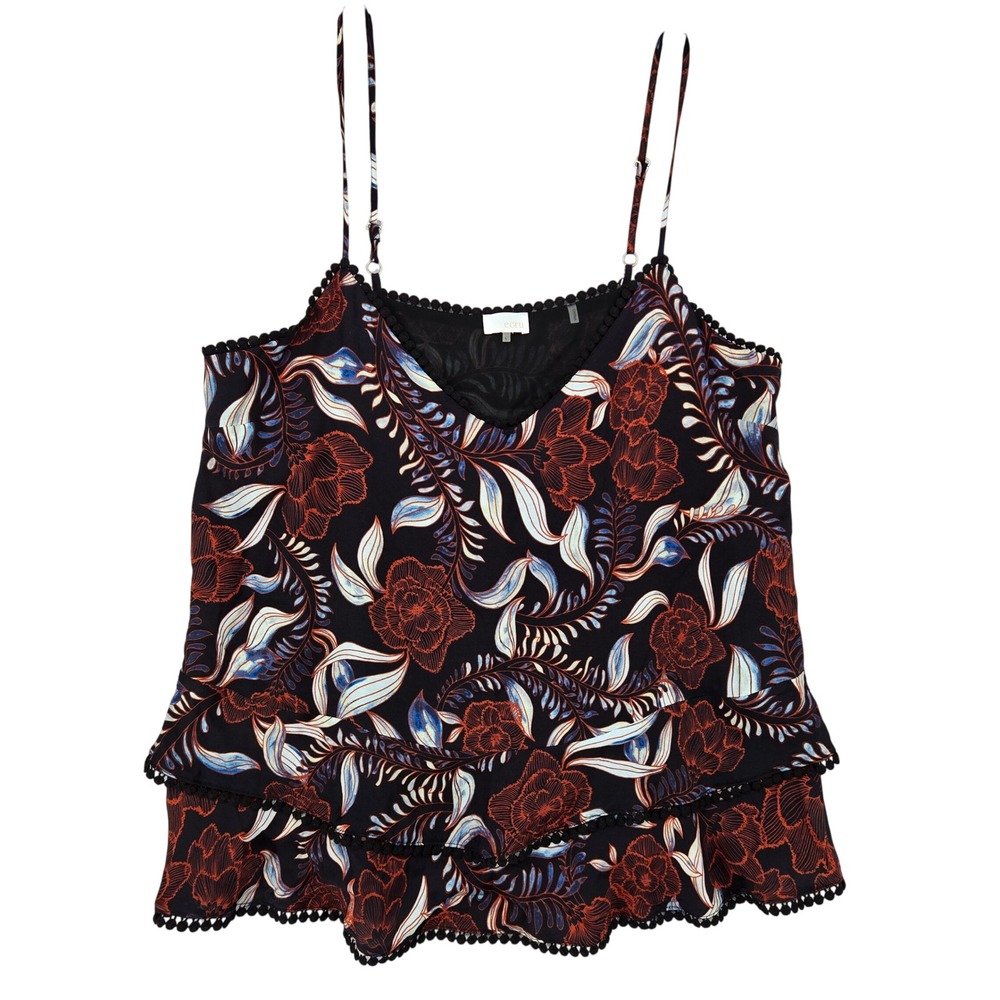 ecru Floral Print Ruffle Camisole in Black and Rust (L)